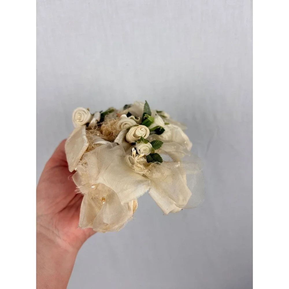 Vintage Cream Floral Tulle Headpiece Faux Pearl Velvet Bridal Fascinator Hat